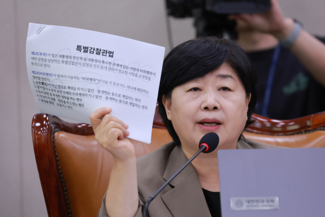 국회 법제사법위원장인 더불어민주당 서영교 의원이 18일 국회 법사위에서 열린 최길수 특별감찰관 후보자 인사청문회에서 특별감찰관법을 들어보이며 질의하고 있다. 연합뉴스