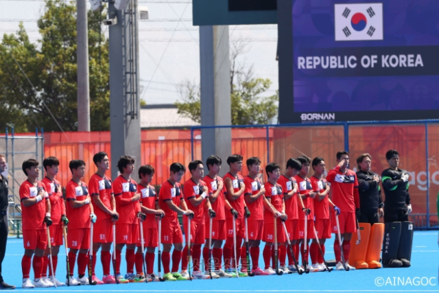 하키 남자 대표팀 선수들이 18일 일본 기후현 가카미가하라 그린스타디움에서 열린 2026 아이치·나고야아시안게임 방글라데시와의 경기를 준비하고 있다. 2026.9.18 대회조직위원회 제공