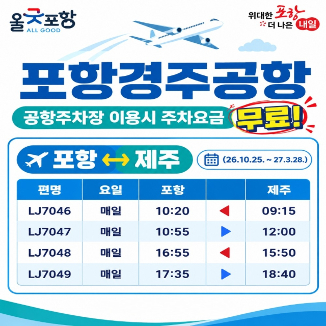 포항경주공항 2026년 동계 스케줄표. 포항시 제공.