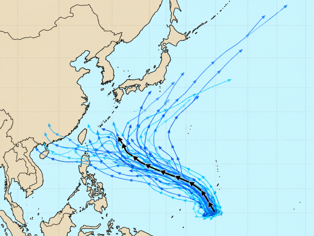 21일 기준 다중앙상블(GEFS) 91W 열대요란(향후 26호 태풍 수리개 발달 가능성) 예상경로. 매일신문DB