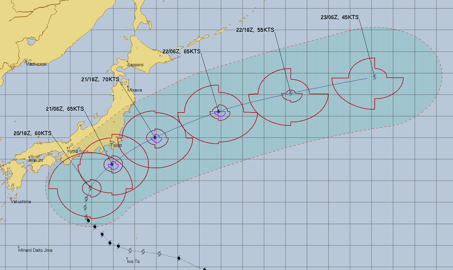 미국 합동태풍경보센터(JTWC, Joint Typhoon Warning Center) 25호 태풍 두쥐안 예상경로. JTWC 홈페이지
