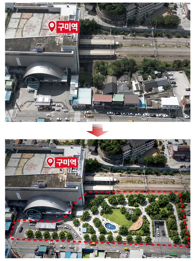 경북 구미시가 도시의 관문인 구미역 앞 광장을 기존보다 3배 이상 넓혀 교통과 문화, 휴식이 어우러진 복합공간으로 새롭게 조성한다. 구미시 제공