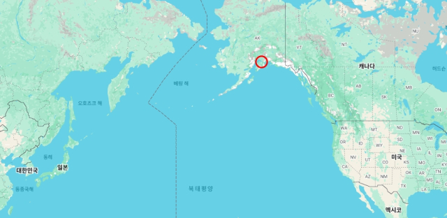 미국 알래스카 앵커리지 위치(빨간 원). 구글맵