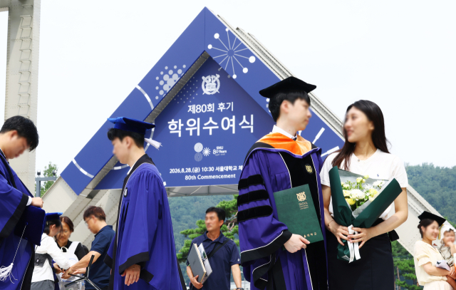 28일 서울 관악구 서울대학교에서 열린 제80회 후기 학위수여식에서 졸업생들이 기념사진을 찍고 있다. 연합뉴스