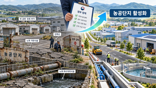 노후 기반시설과 인력난, 입주 규제 등 농공단지의 구조적 문제와 정부 지원을 통한 활성화 방향을 표현한 이미지. 챗GPT를 활용해 제작했다.