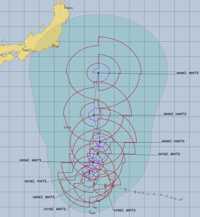 미국 합동태풍경보센터(JTWC, Joint Typhoon Warning Center) 27호 태풍 초이완 예상경로. JTWC 홈페이지