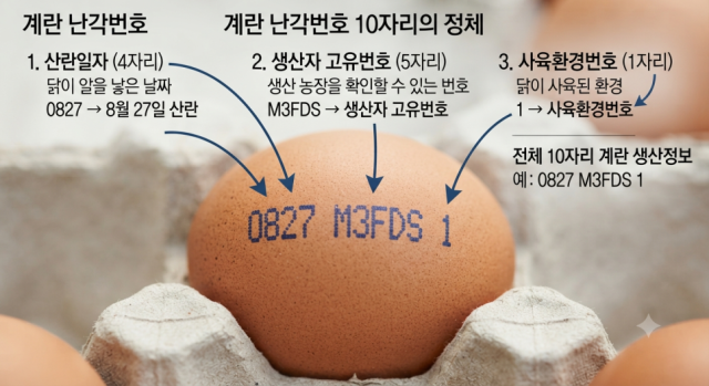 계란 껍데기에 표시되는 10자리 난각번호는 앞에서부터 산란일자 4자리, 생산자 고유번호 5자리, 사육환경번호 1자리로 구성된다. 사진은 난각번호에 담긴 정보를 설명한 안내 자료.