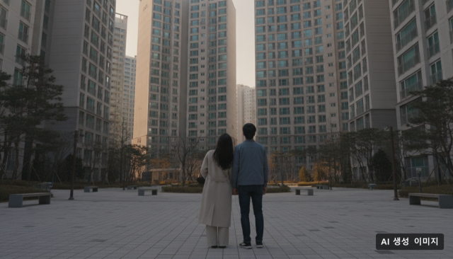 한 신혼부부가 아파트 단지를 배경으로 서서 새로운 주택 대출 정책 기준에 대한 대화를 나누고있다. (AI 생성 이미지)