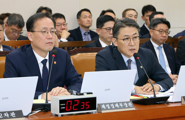 6일 국회에서 열린 재정경제기획위원회 국정감사에서 재정경제부 권대영 1차관(오른쪽)이 의원들의 질의에 답변하고 있다. 연합뉴스