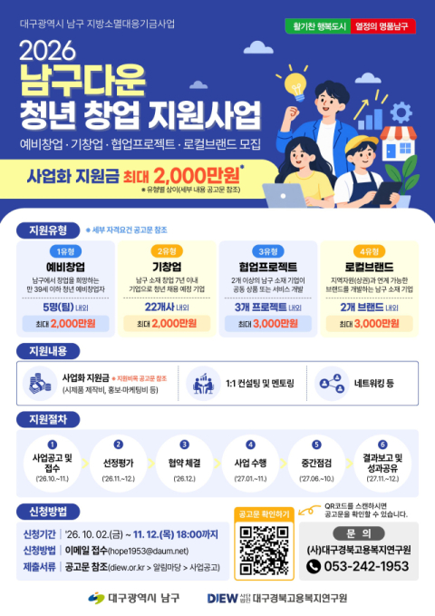 대구 남구, '남구다운 청년 창업 지원 사업 3차' 참가자 모집