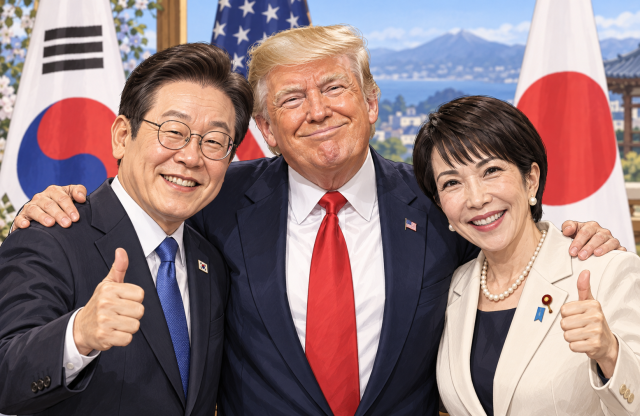 이재명 대한민국 대통령, 도널드 트럼프 미국 대통령, 다카이치 사나에 일본 총리가 함께 모인 가상의 상황을 표현한 이미지. AI로 생성한 이미지