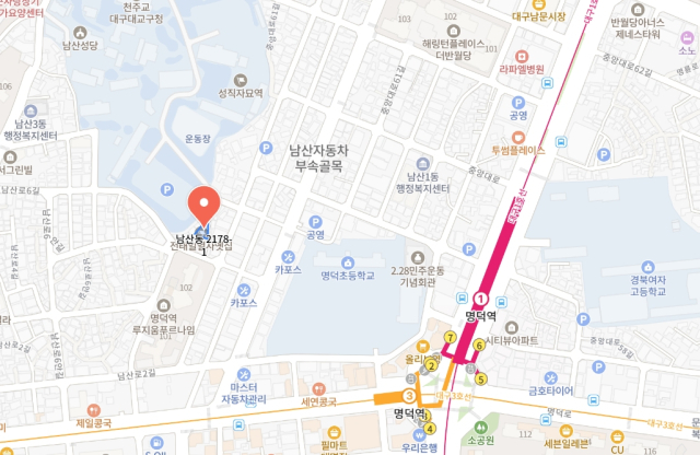 전태일 열사 옛집 위치. 오른쪽에 2.28민주운동기념회관과 대구 도시철도 1·3호선 명덕역이 있다. 네이버 지도