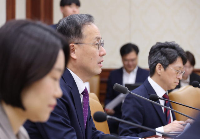 이형일 부총리 겸 재정경제부 장관이 14일 서울 종로구 정부서울청사에서 열린 비상경제본부 회의, 경제관계장관회의 겸 서비스산업발전 태스크포스(TF)에서 발언하고 있다. 연합뉴스