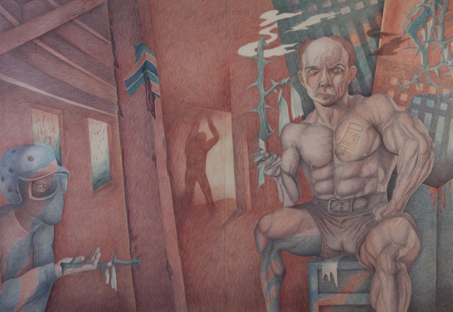 김성룡, 예감 - 붉은 방, 1989, 종이에 유성볼펜, 110&times;150cm