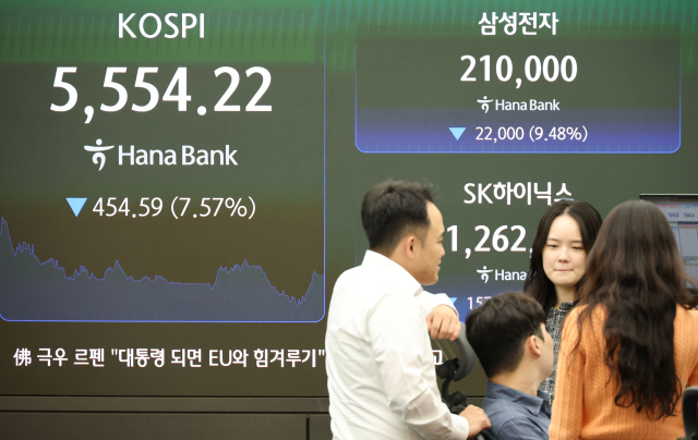 인공지능(AI) 산업 수익성 논란 재점화 등으로 코스피와 코스닥 지수가 폭락한 15일 서울 중구 하나은행 딜링룸에 코스피 종가가 표시돼있다. 연합뉴스