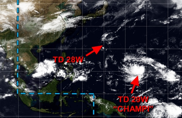 미국 합동태풍경보센터(JTWC, Joint Typhoon Warning Center) 감시 29호 태풍 참피(아래)와 14일 소멸한 28호 태풍 고구마(위) 위치. JTWC 홈페이지