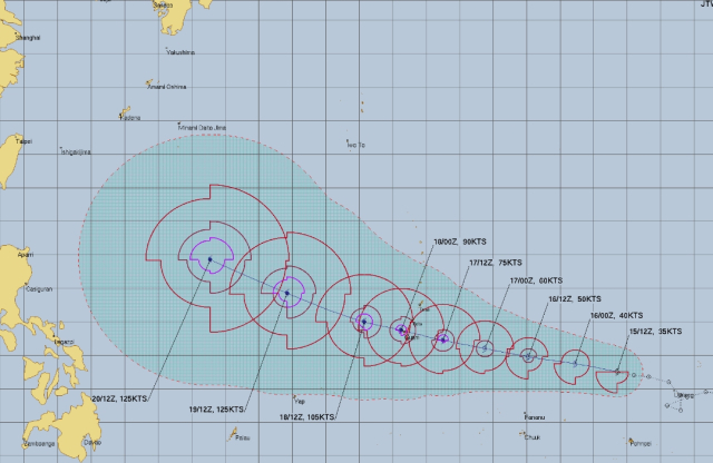 미국 합동태풍경보센터(JTWC, Joint Typhoon Warning Center) 29호 태풍 참피 예상경로. JTWC 홈페이지