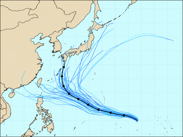 15일 기준 다중앙상블(GEFS) 30호 태풍 참피 예상경로. 매일신문DB