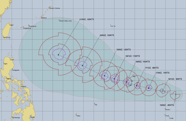 미국 합동태풍경보센터(JTWC, Joint Typhoon Warning Center) 30호 태풍 참피 예상경로. JTWC 홈페이지