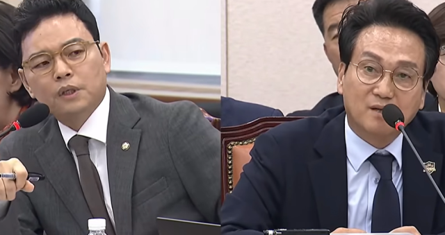 박정훈 국민의힘 의원이 안민석 경기도교육감에게 질의하고 있다. 유튜브