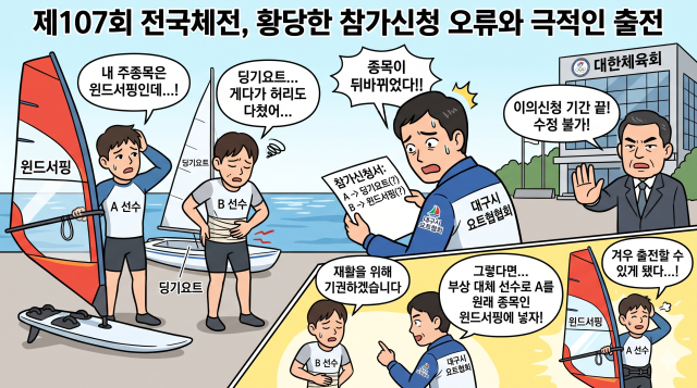 대구시체육회 소속 요트선수들의 전국체전 선수 등록 오류 문제를 한 컷 이미지로 표현한 그림. 구글 Gemini 통해 생성