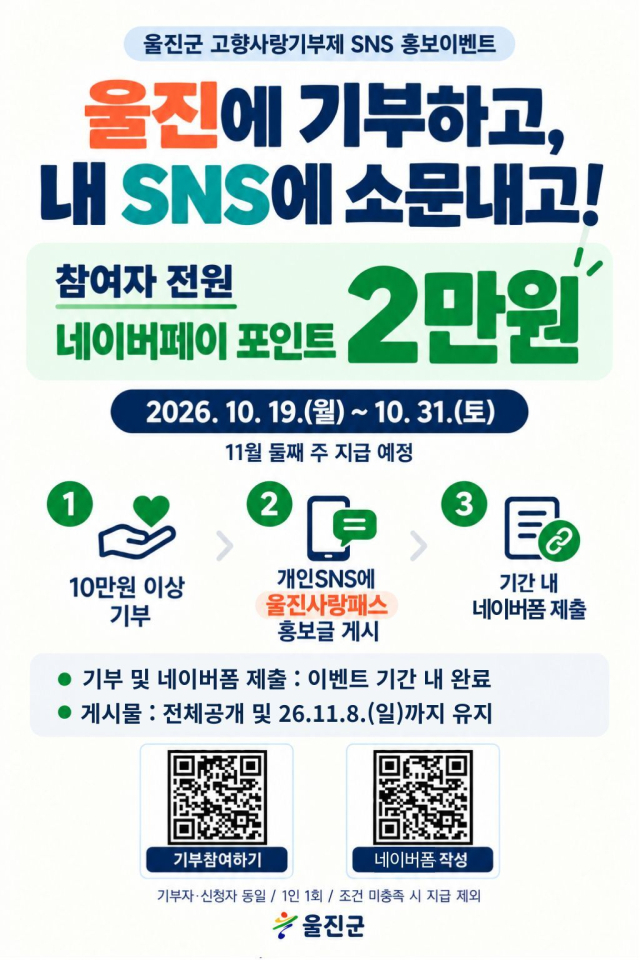 울진군 고향사랑기부제 SNS 홍보 이벤트 진행