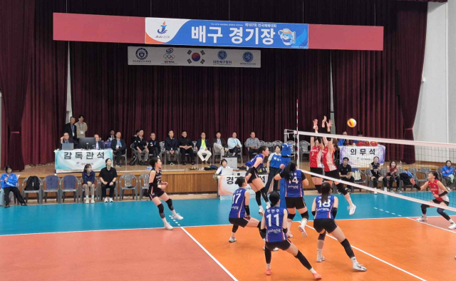 포항시체육회 선수들(파란 유니폼)이 20일 제주 표선생활체육관에서 열린 여자 배구 일반부 경기 결승전에 출격, 수원시청 선수들과 겨루고 있다. 채정민 기자