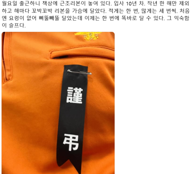 기동복에 근조리본을 단 모습. /스레드