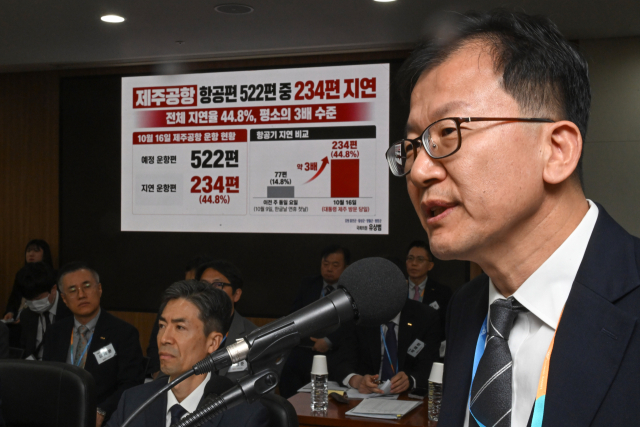 정채교 국토교통부 항공정책실장이 22일 인천 영종도 인천공항공사에서 열린 국토교통위원회의 인천국제공항공사, 한국공항공사 등에 대한 국정감사에서 의원 질의에 답하고 있다. 연합뉴스