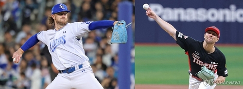 25일 대구 삼성라이온즈파크에서 열리는 2026 KBO 플레이오프 1차전을 앞두고 삼성 라이온즈 크리스 페덱(왼쪽)과 KIA 타이거즈 제임스 네일이 선발 맞대결을 준비하고 있다. 연합뉴스