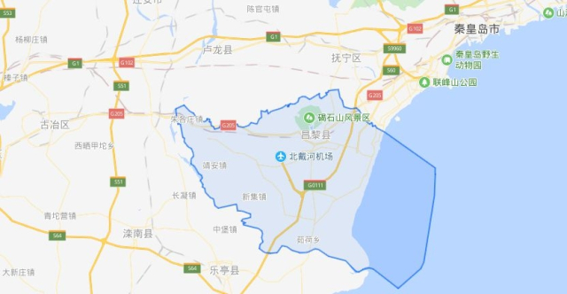 하북성 창려현 지도, 발해 북쪽 갈석산 남쪽에 창려현이 있다