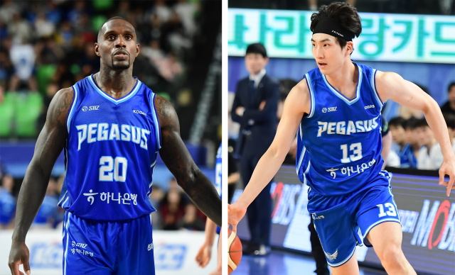 프로농구 대구 한국가스공사 페가수스의 라건아(왼쪽)와 김민규. KBL 제공