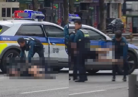 출근길 강남대로 한복판 활보…경찰이 팔다리 잡아 옮겼다