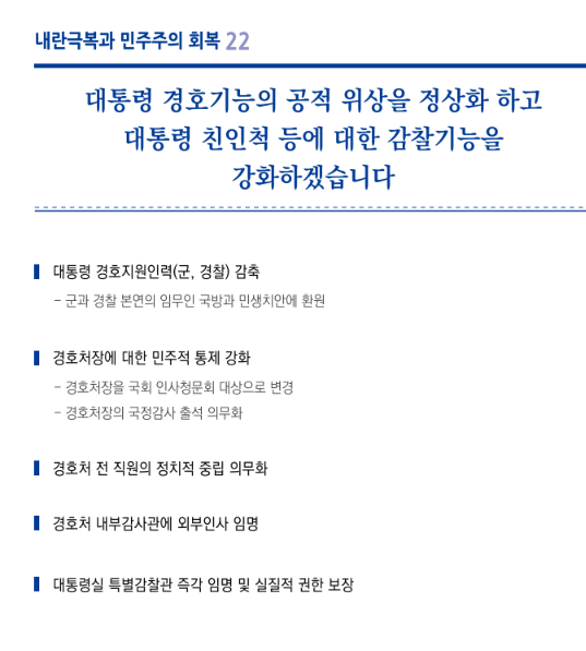 이재명 대통령의 21대 대선 공약집에 담긴 대통령경호처 개혁 방안. 경호지원 인력 감축과 경호처장 국회 인사청문회 도입·국정감사 출석 의무화, 전 직원 정치적 중립 의무화 등이 명시돼 있다.