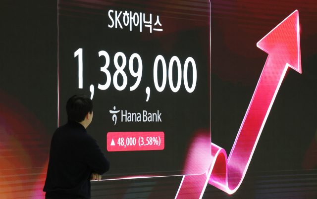 코스피 지수가 장 초반 2% 안팎의 강세로 출발한 28일 서울 중구 하나은행 본점 딜링룸에 SK하이닉스 실시간 주가가 표시돼 있다. 역대급 실적을 낸 SK하이닉스는 이날 60조원 규모의 추가 주주환원책을 발표했다. 연합뉴스