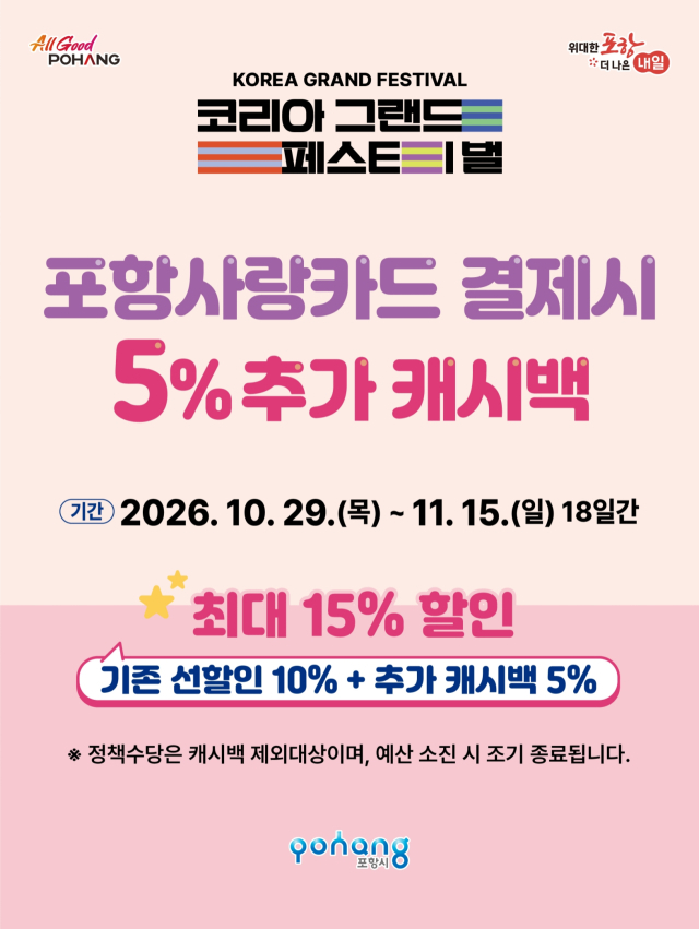 코리아 그랜드 페스티벌 기간 포항사랑카드 결제 시 5% 추가 캐시백 안내 포스터. 포항시 제공.