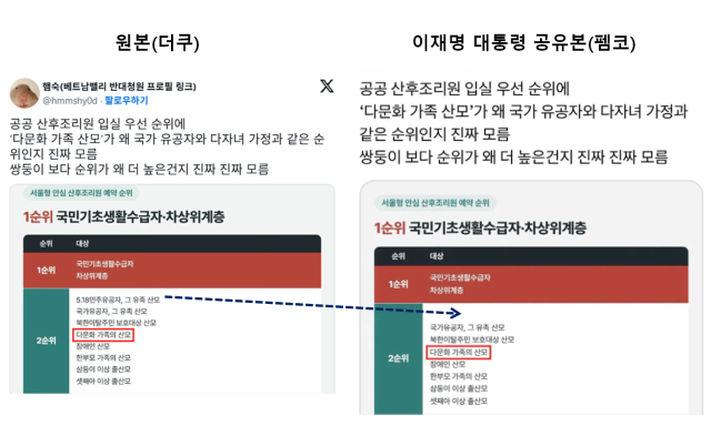 이재명 대통령이 28일 공유한 다문화가족 관련 글 속 이미지와 원본 이미지. 이 대통령이 공유한 글에는 원본과 달리 5·18 부분이 삭제돼 있다.