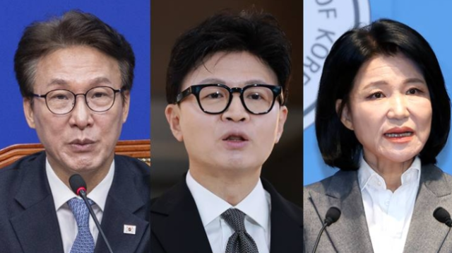 (왼쪽부터) 김민석 더불어민주당 대표, 한동훈 무소속 의원, 이진숙 국민의힘 의원. 연합뉴스